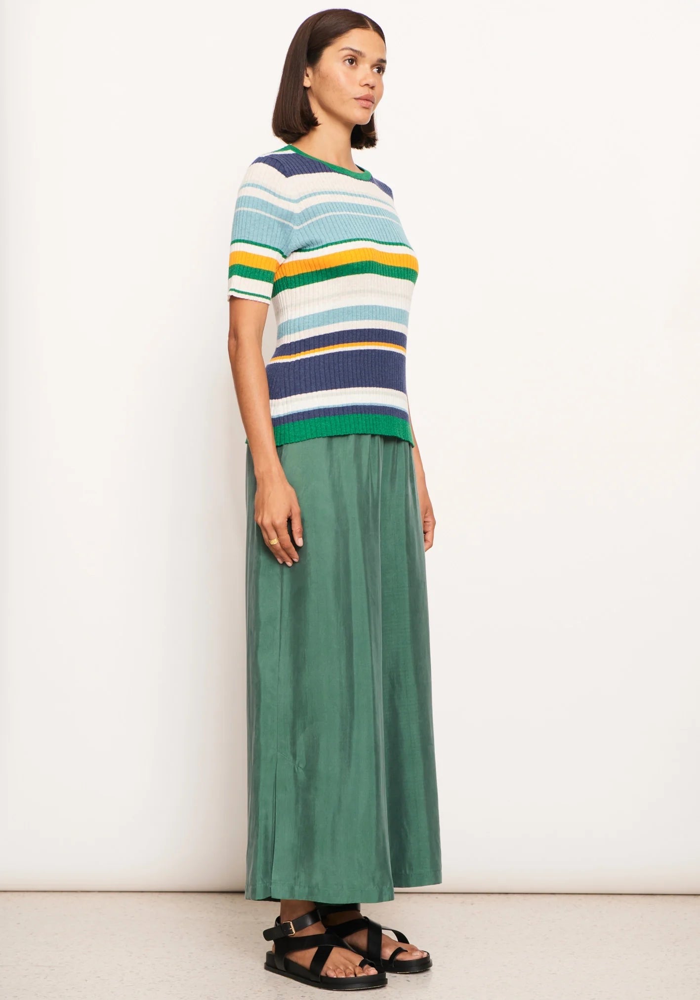 POL Clothing Lido Multi Knit Tee in Green Multi Stripe