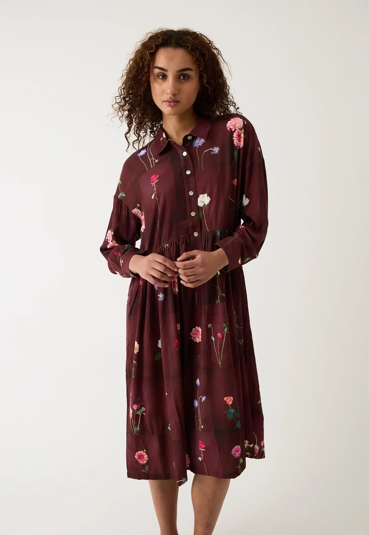 Burgundy floral print shirt dress with long sleeves and button front, women's fashion