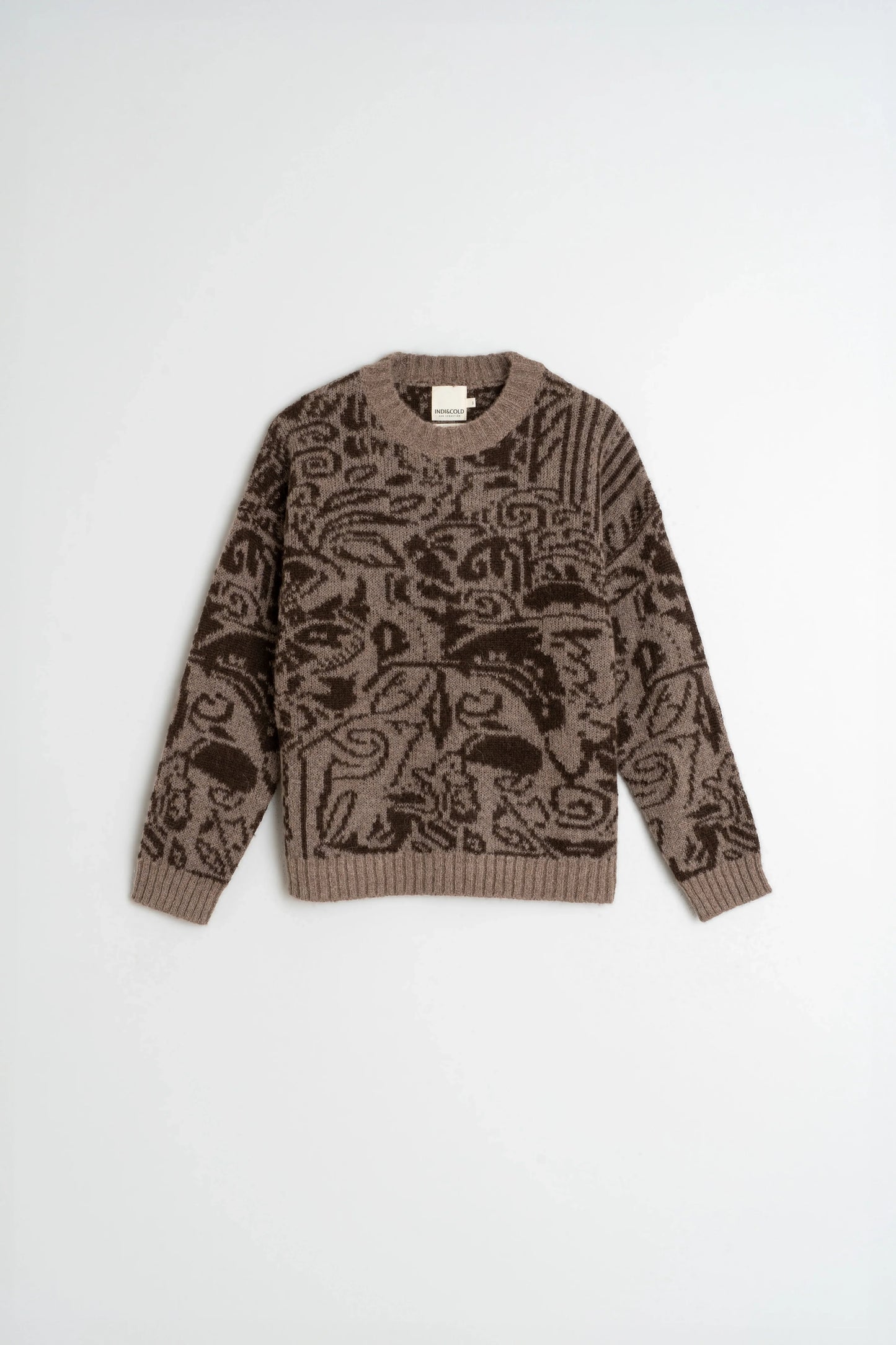 Brown patterned knit sweater with intricate designs, ideal for women's fashion