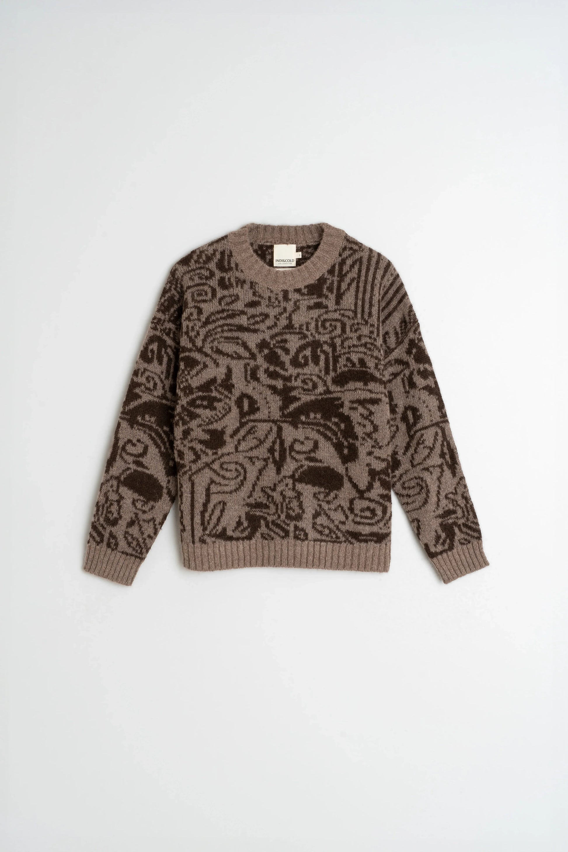 Brown patterned knit sweater with intricate designs, ideal for women's fashion