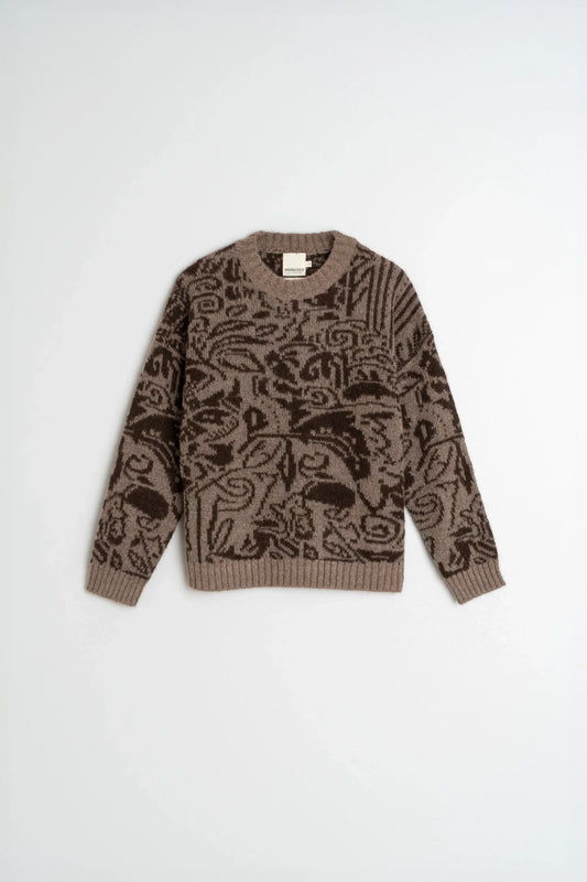 Brown patterned knit sweater with intricate designs, ideal for women's fashion