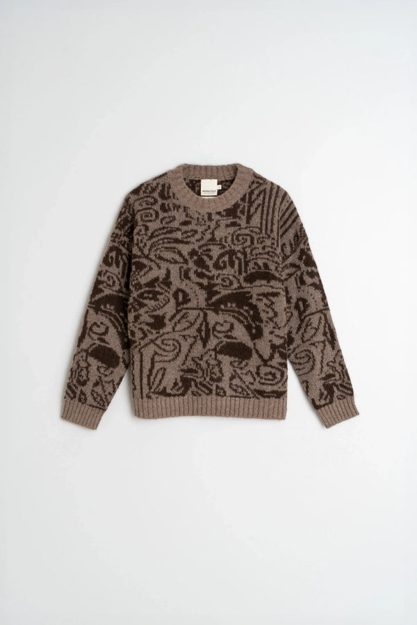 Brown patterned knit sweater with intricate designs, ideal for women's fashion