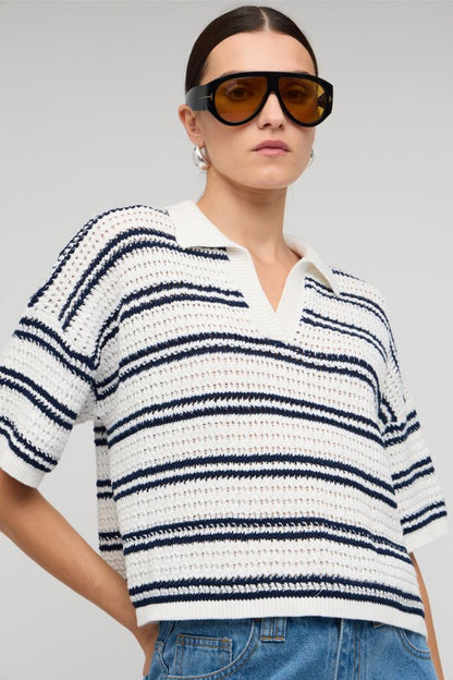 Staple the Label Solstice Knit Polo Top White/Navy Stripe