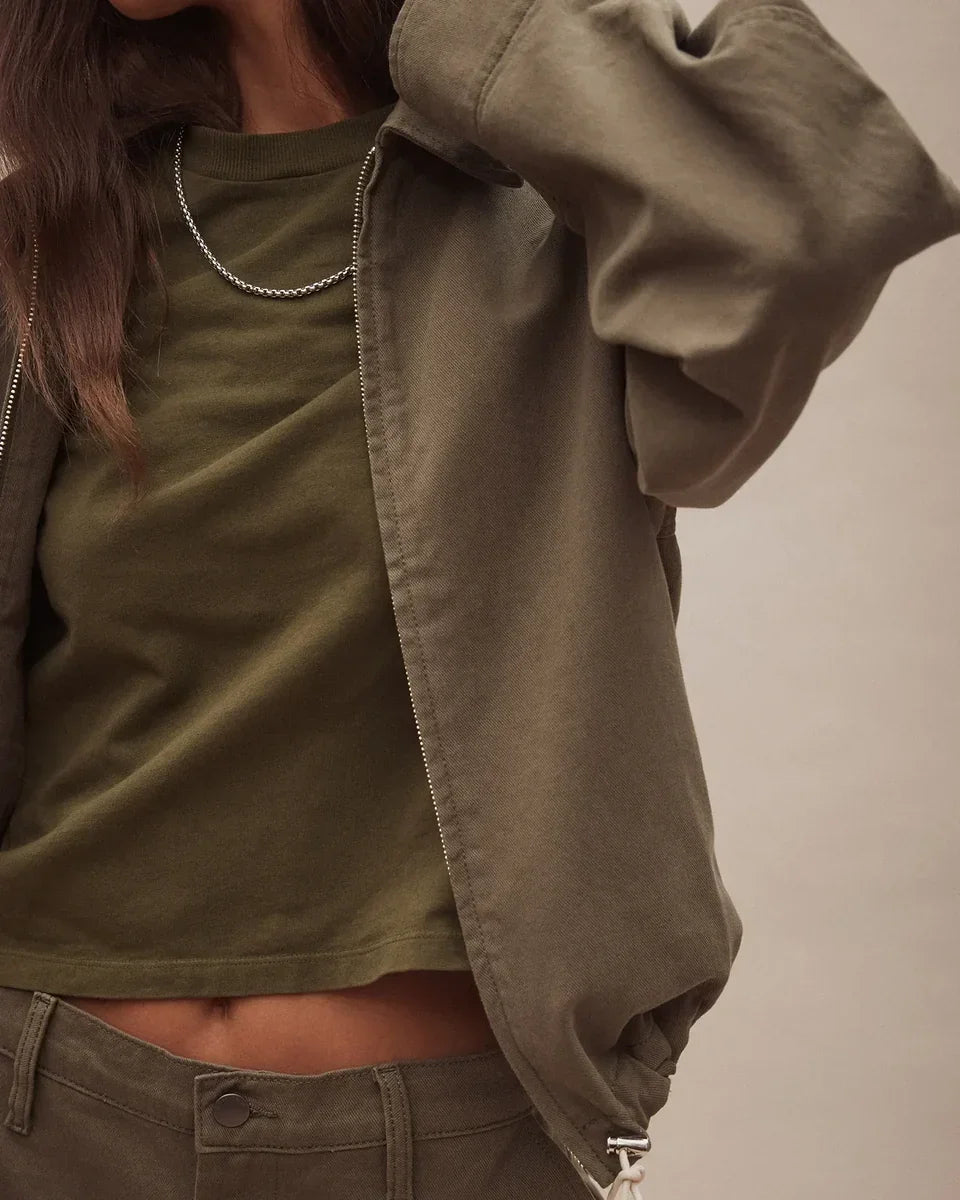 Nobody Denim Jean Tee in Olive paired with an olive jacket and jeans