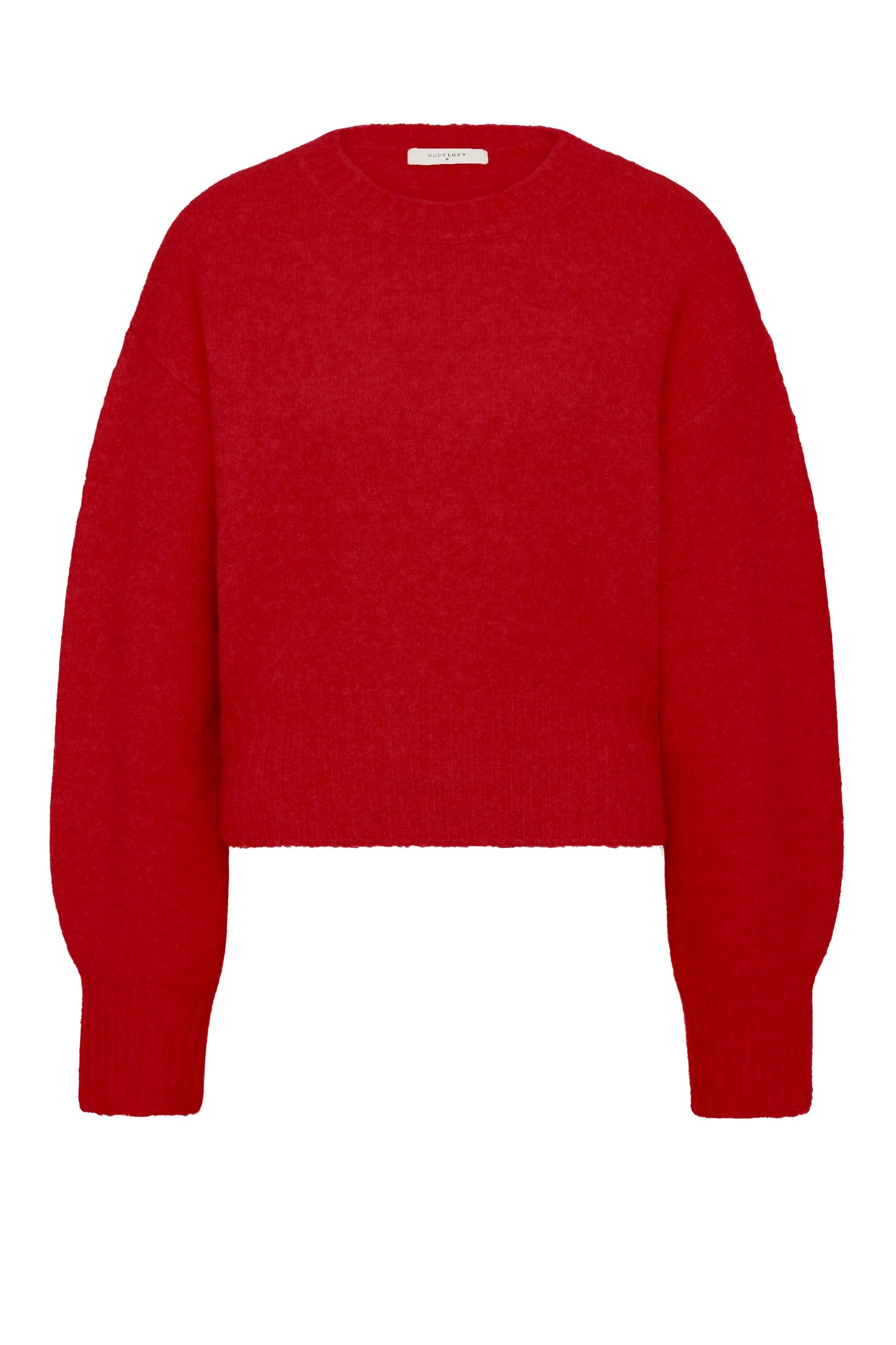 Bright red oversized knit sweater with long sleeves and crew neckline.