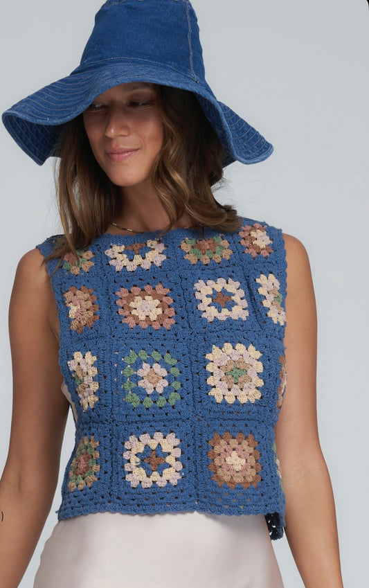 Lilya Patchwork Vest in Blue and Sand