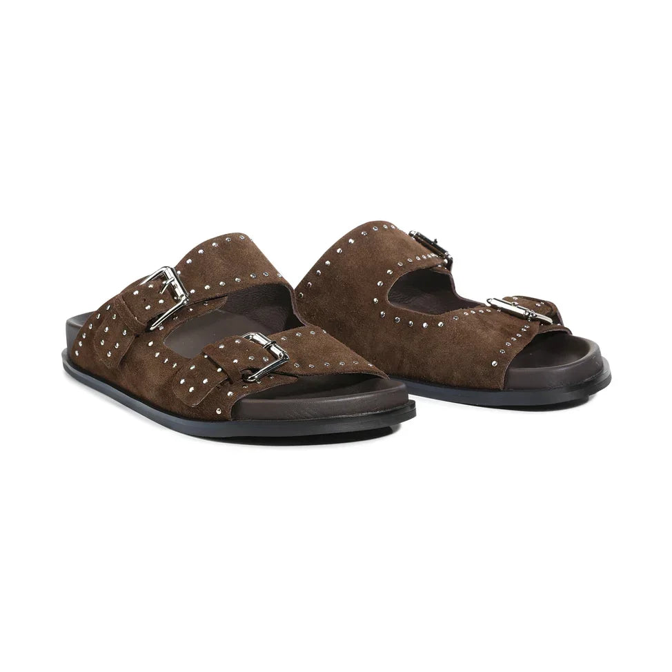 Brown suede double-strap sandals with silver stud embellishments and buckle closures