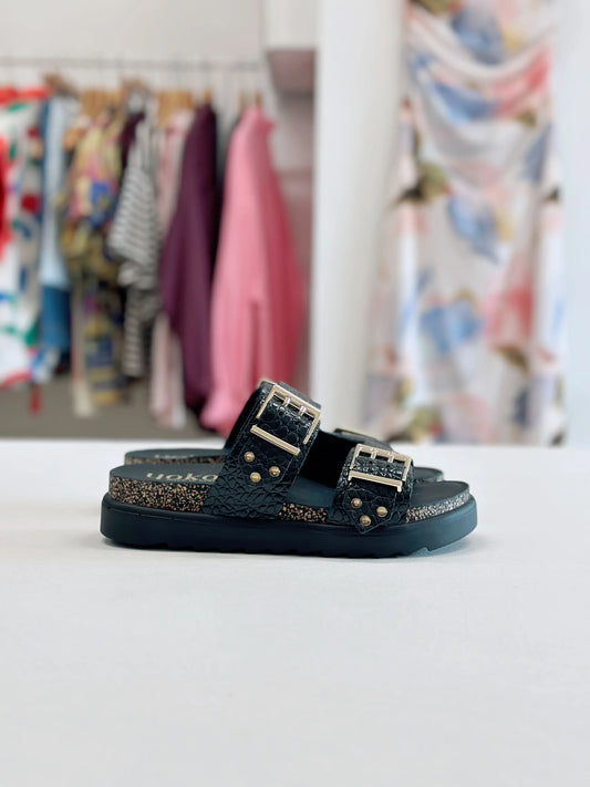 YOKONO Tunez 262 platform sandals in black croc embossed leather with gold buckles.