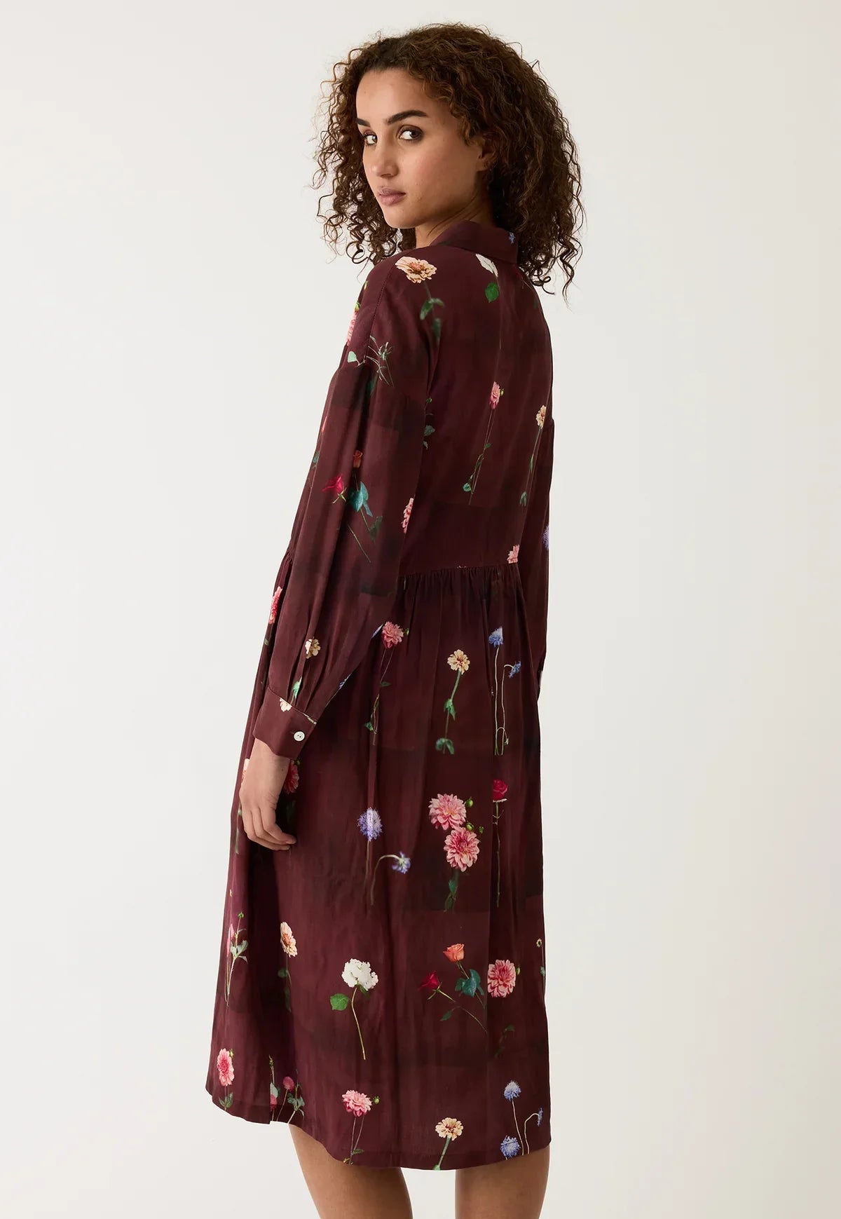 Burgundy floral print shirt dress with long sleeves, perfect for women's fashion