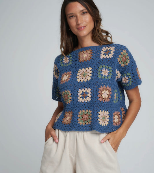 Lilya Patchwork Top in Blue and Sand