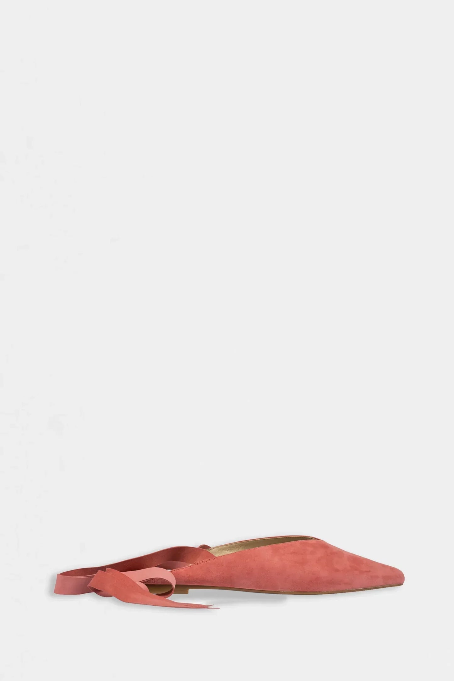 Pink suede pointed toe ballet flats with decorative bow detail