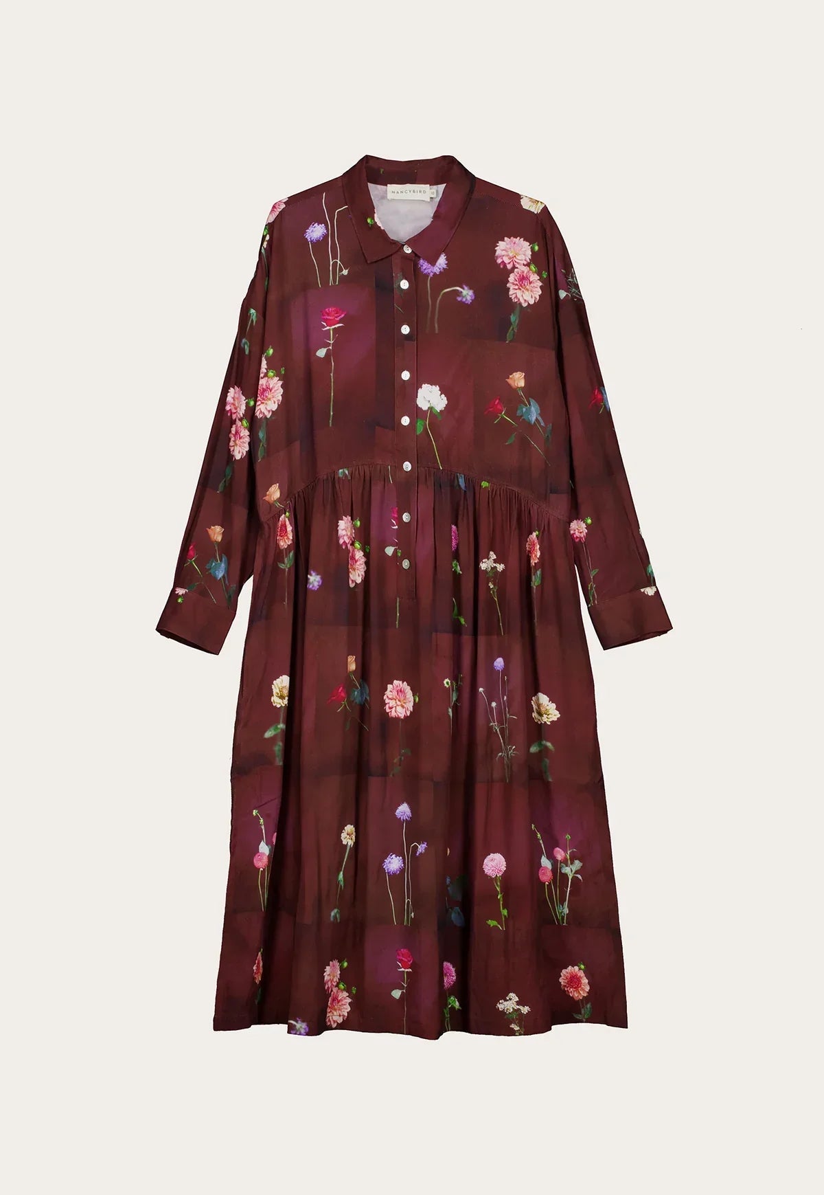 Burgundy floral print shirt dress with long sleeves and button front, women's fashion