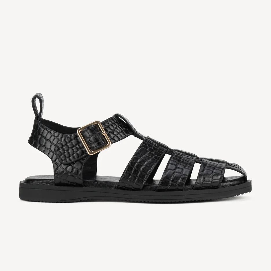 Rollie Fisherman Sandal in Black Embossed Leather