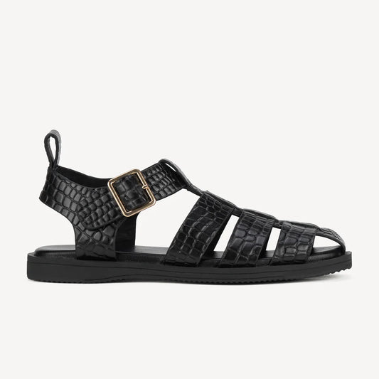 Rollie Fisherman Sandal in Black Embossed Leather