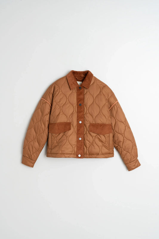 Brown quilted jacket with corduroy collar and pockets, stylish women's outerwear