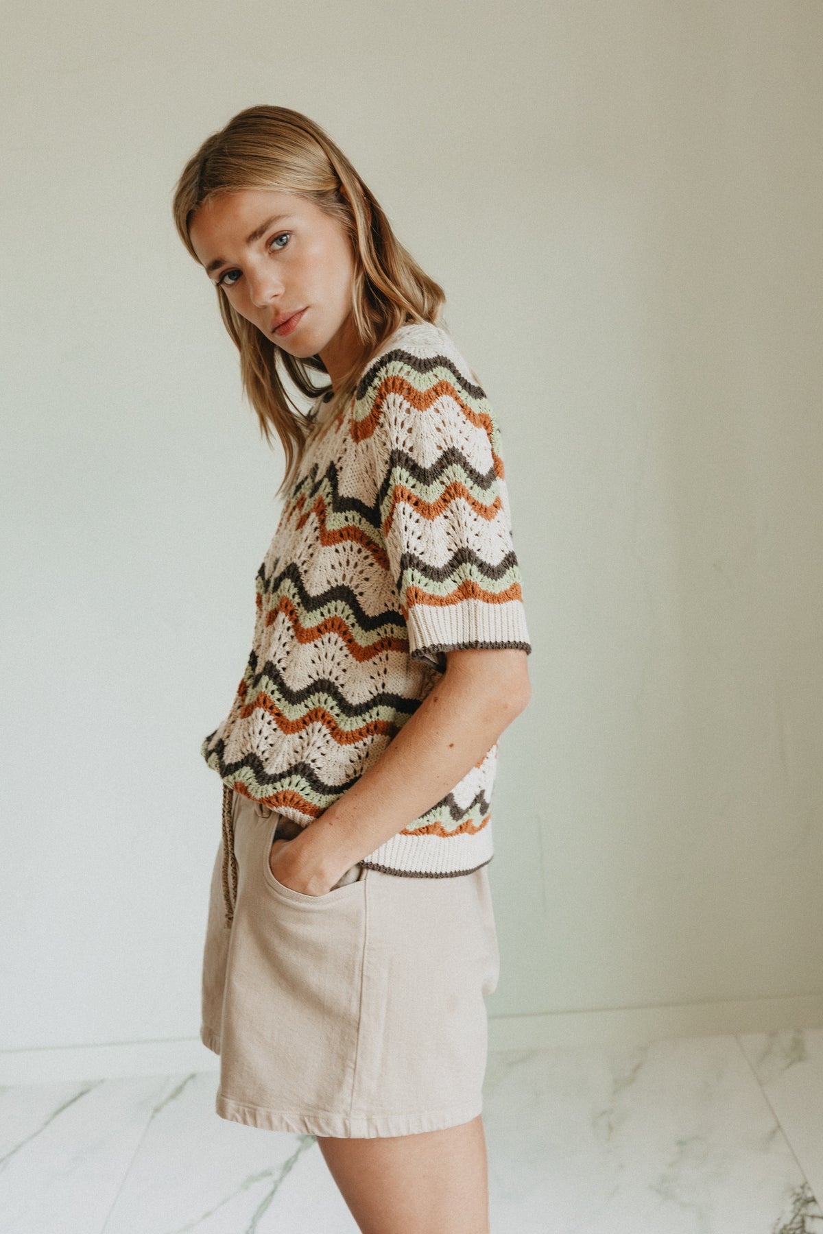Indi & Cold Zig Zag Crochet Short Sleeve Sweater