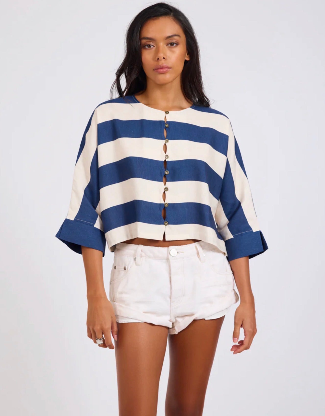 One Teaspoon Blue Vista Linen Cropped Top Blue / Cream