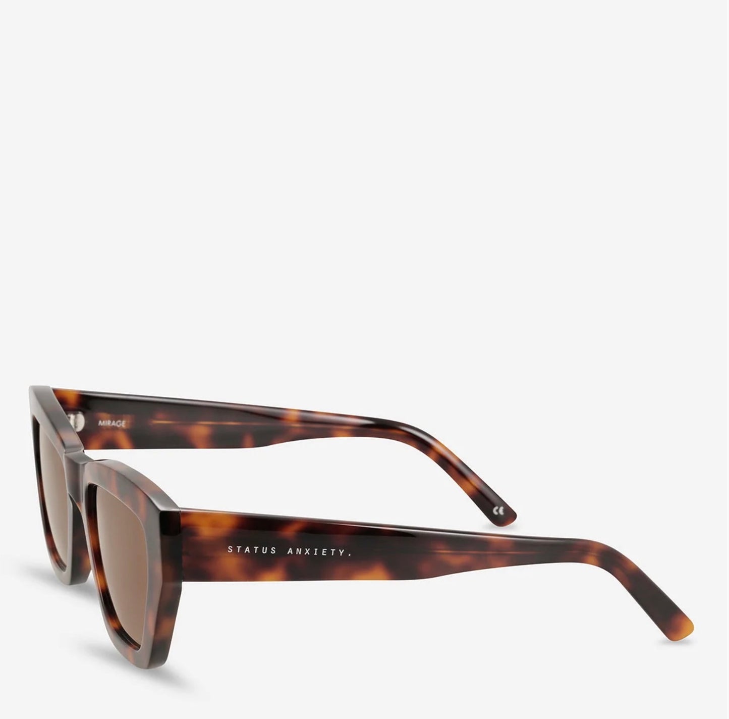 Tortoiseshell square sunglasses with 'STATUS ANXIETY' branding, stylish everyday fashion accessory