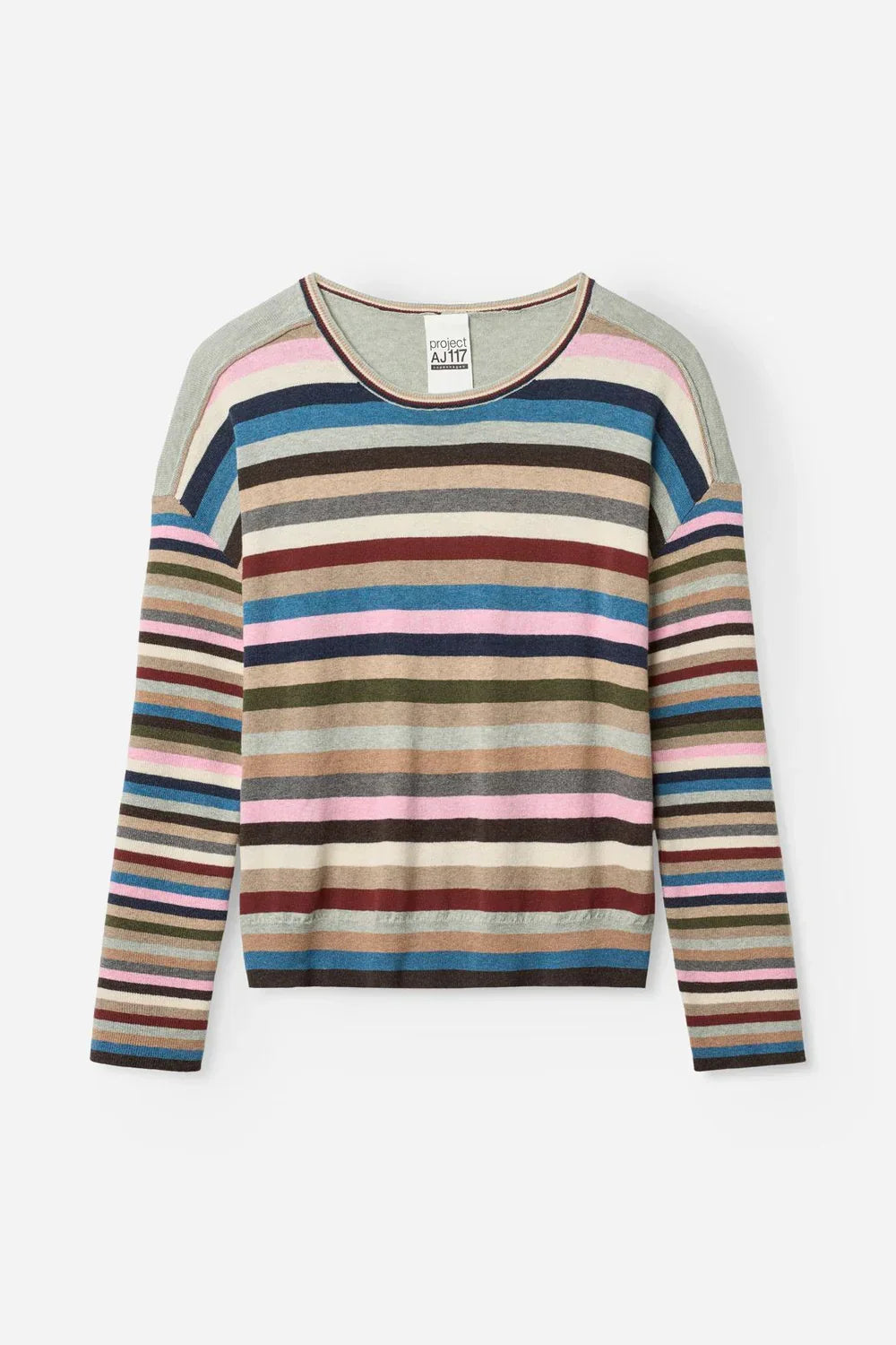 Women's long sleeve multicolored striped sweater with crew neck on white background