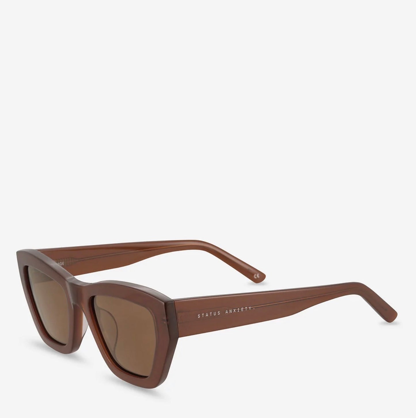Brown cat-eye sunglasses with 'STATUS ANXIETY' branding on temple, stylish everyday accessory