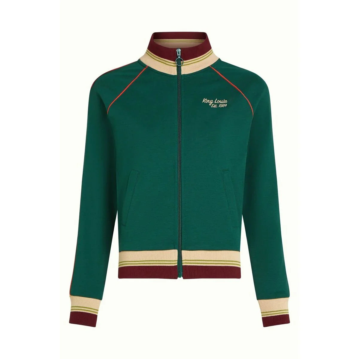 Green women's zip-up track jacket with yellow and burgundy trim, front pockets, and embroidered chest logo