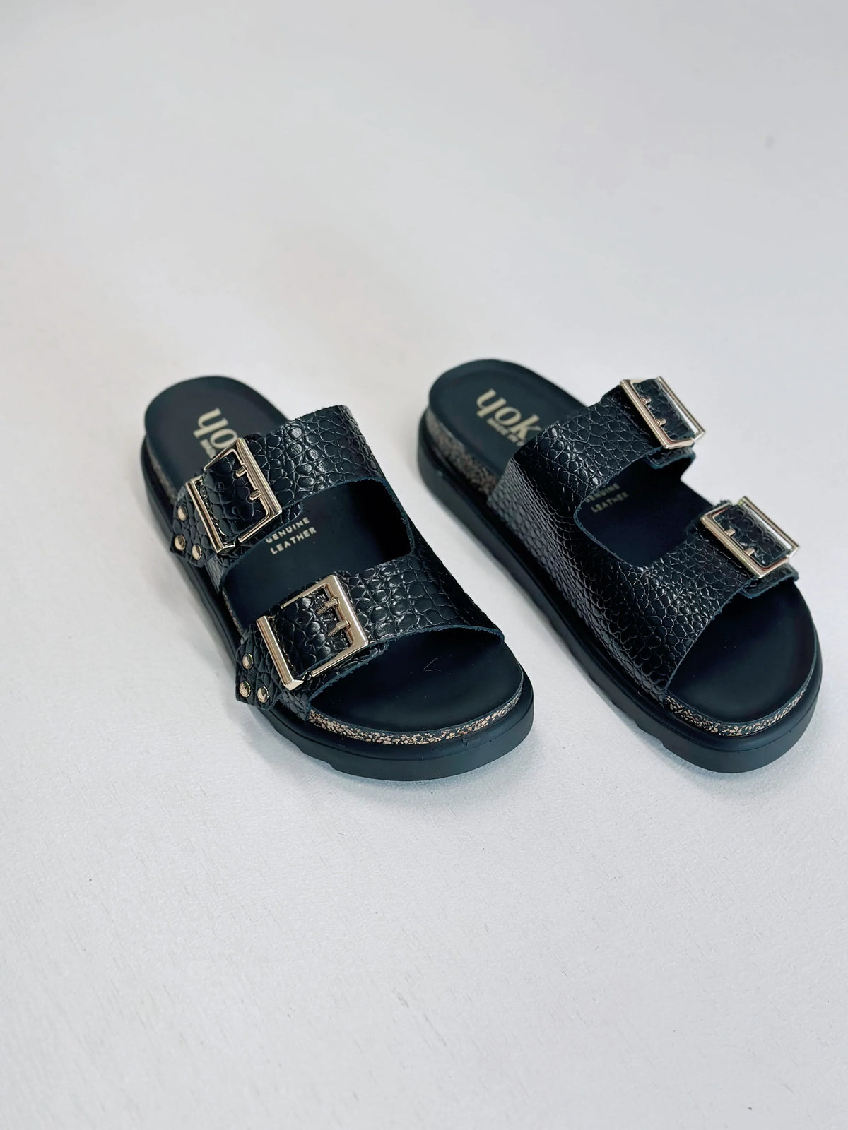 YOKONO Tunez 262 platform sandals in black croc embossed leather with double buckle straps.