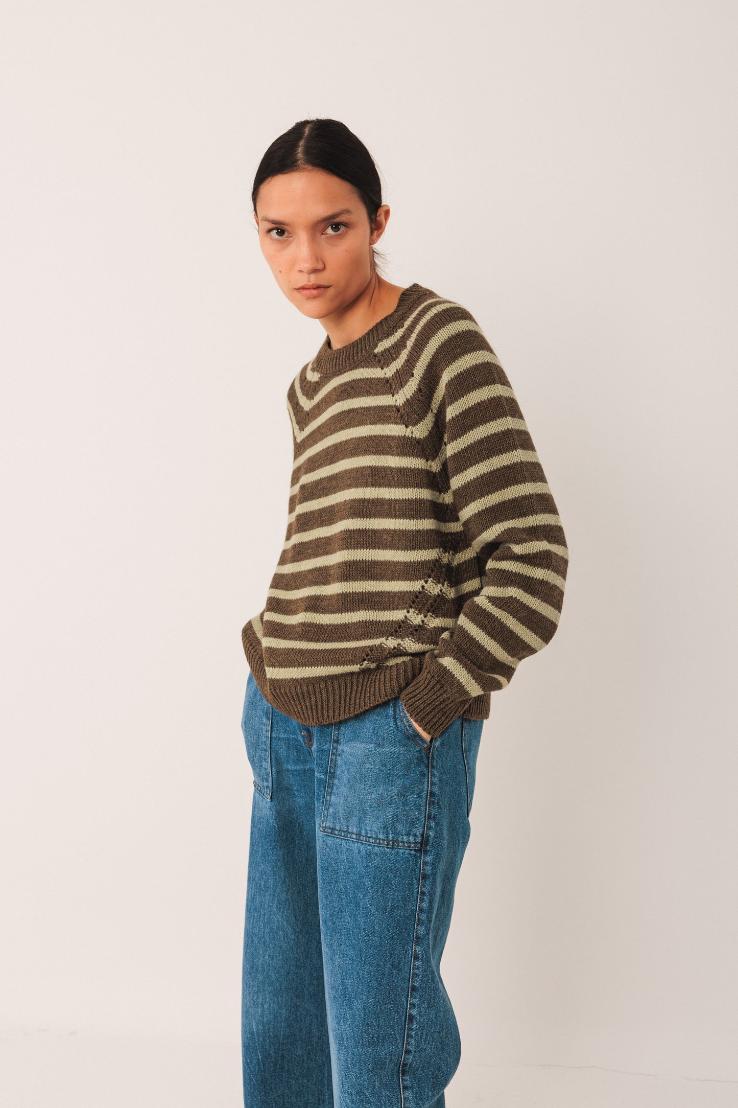 Indi & Cold Bicolour Stripe Sweater Khaki