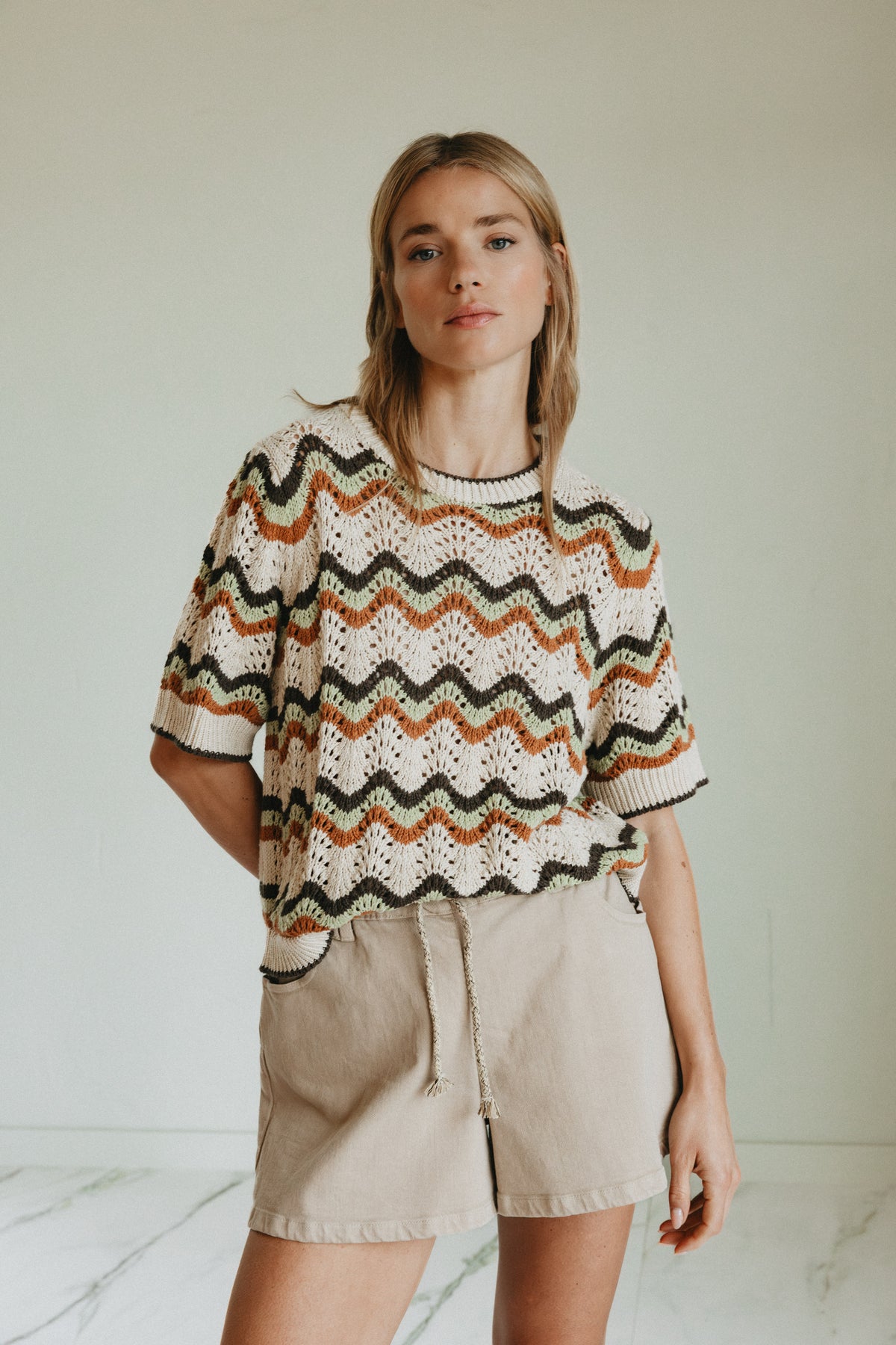 Indi & Cold Zig Zag Crochet Short Sleeve Sweater