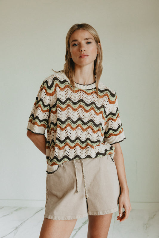Indi & Cold Zig Zag Crochet Short Sleeve Sweater