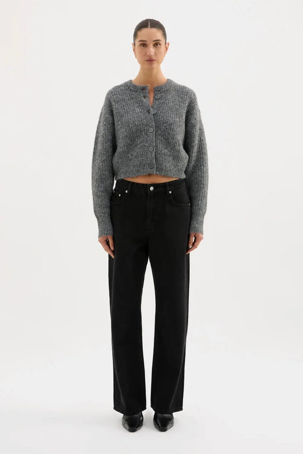 Gray cropped cardigan with black wide-leg jeans and black heels