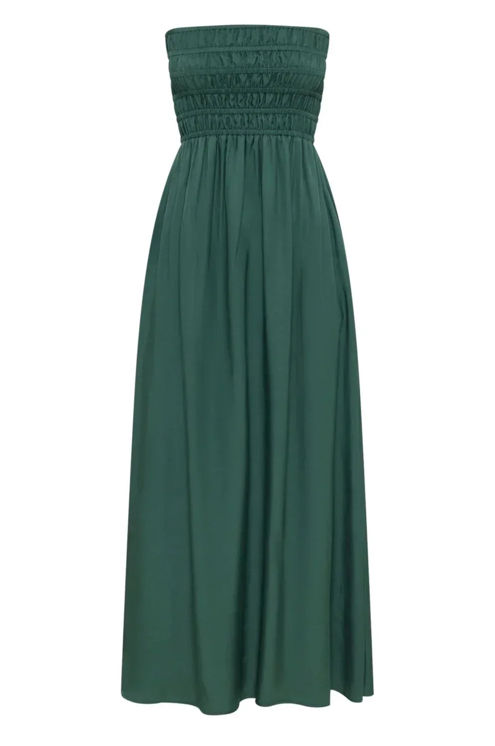 Green strapless maxi dress with ruched bodice and flowy skirt