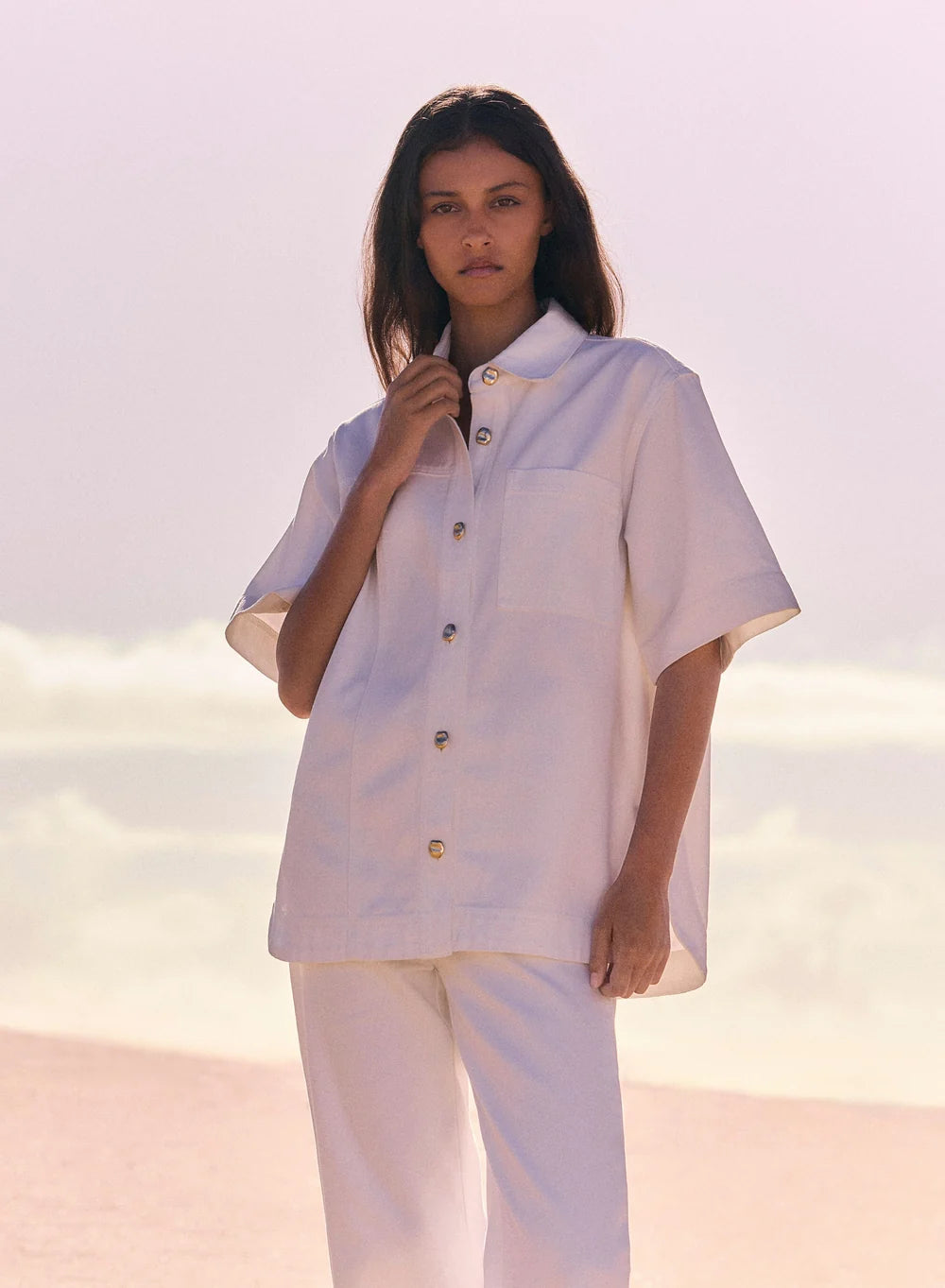 Esmaee Capilla Denim Shirt in Ivory
