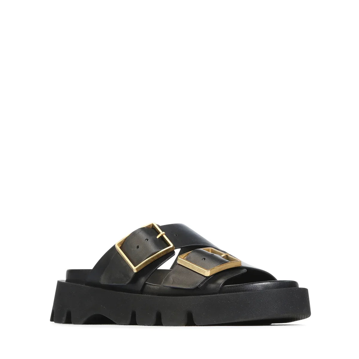 EOS Monni Slide in black leather with chunky sole and gold buckles