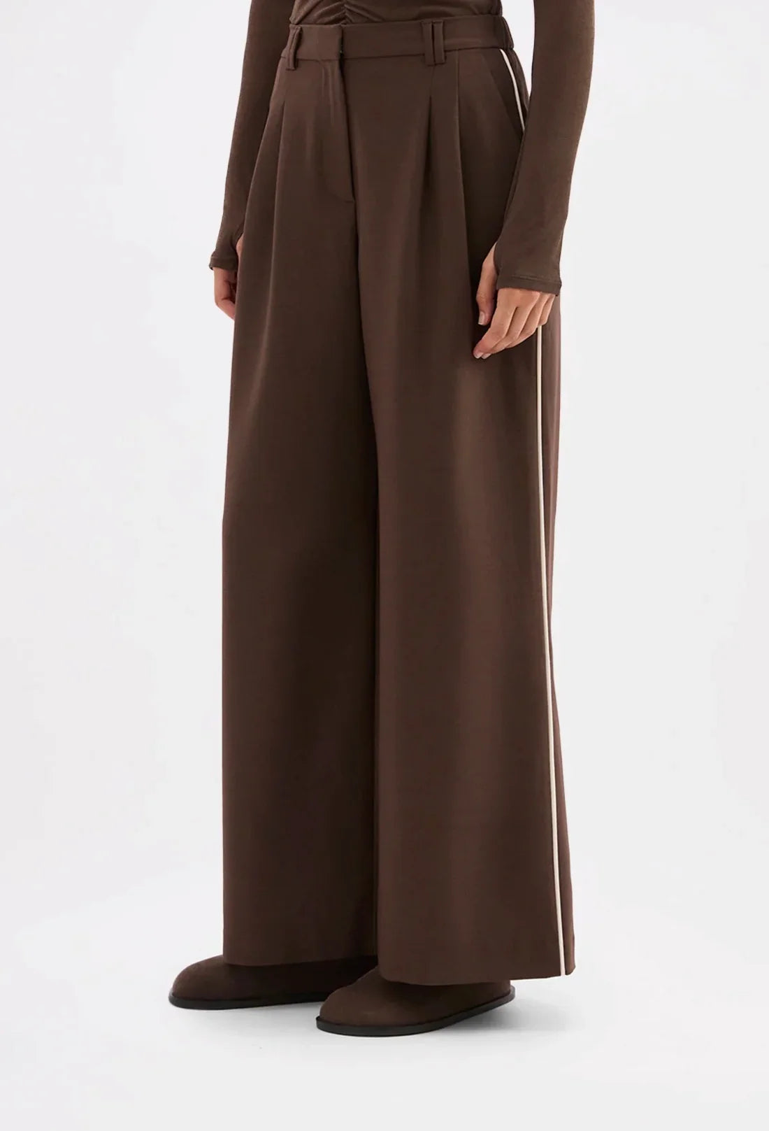 Brown wide-leg trousers with side stripe, high waist, and matching belt for women's fashion