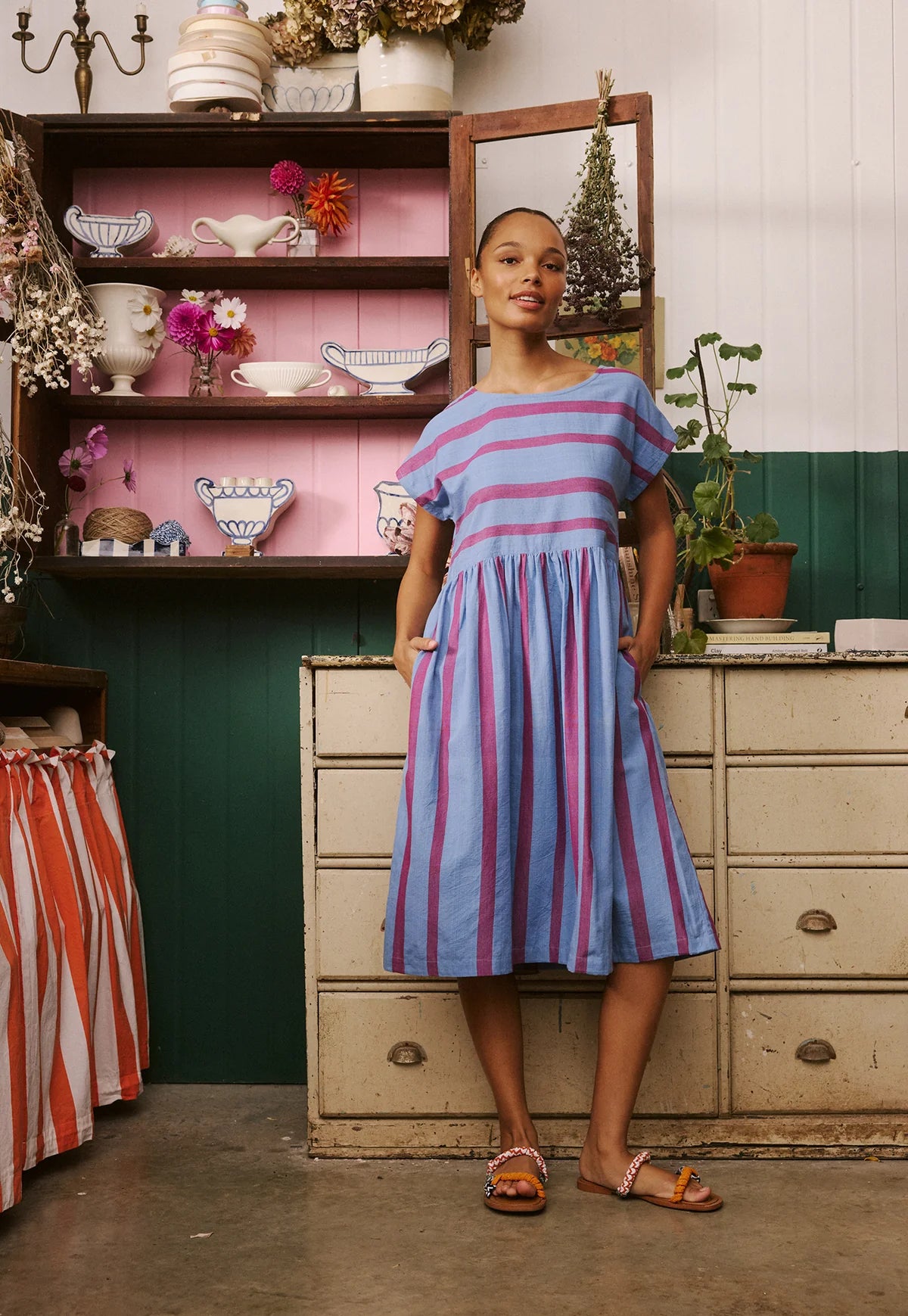 Nancybird Tathra Woven Dress in Raspberry Stripe