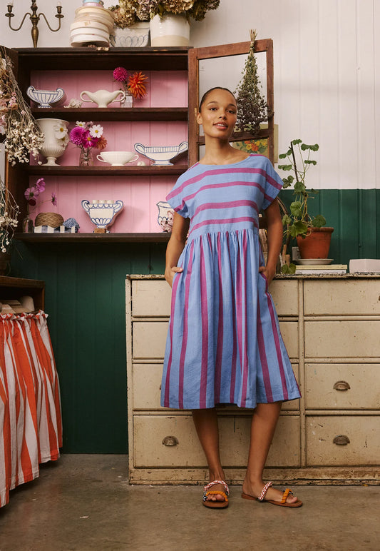 Nancybird Tathra Woven Dress in Raspberry Stripe