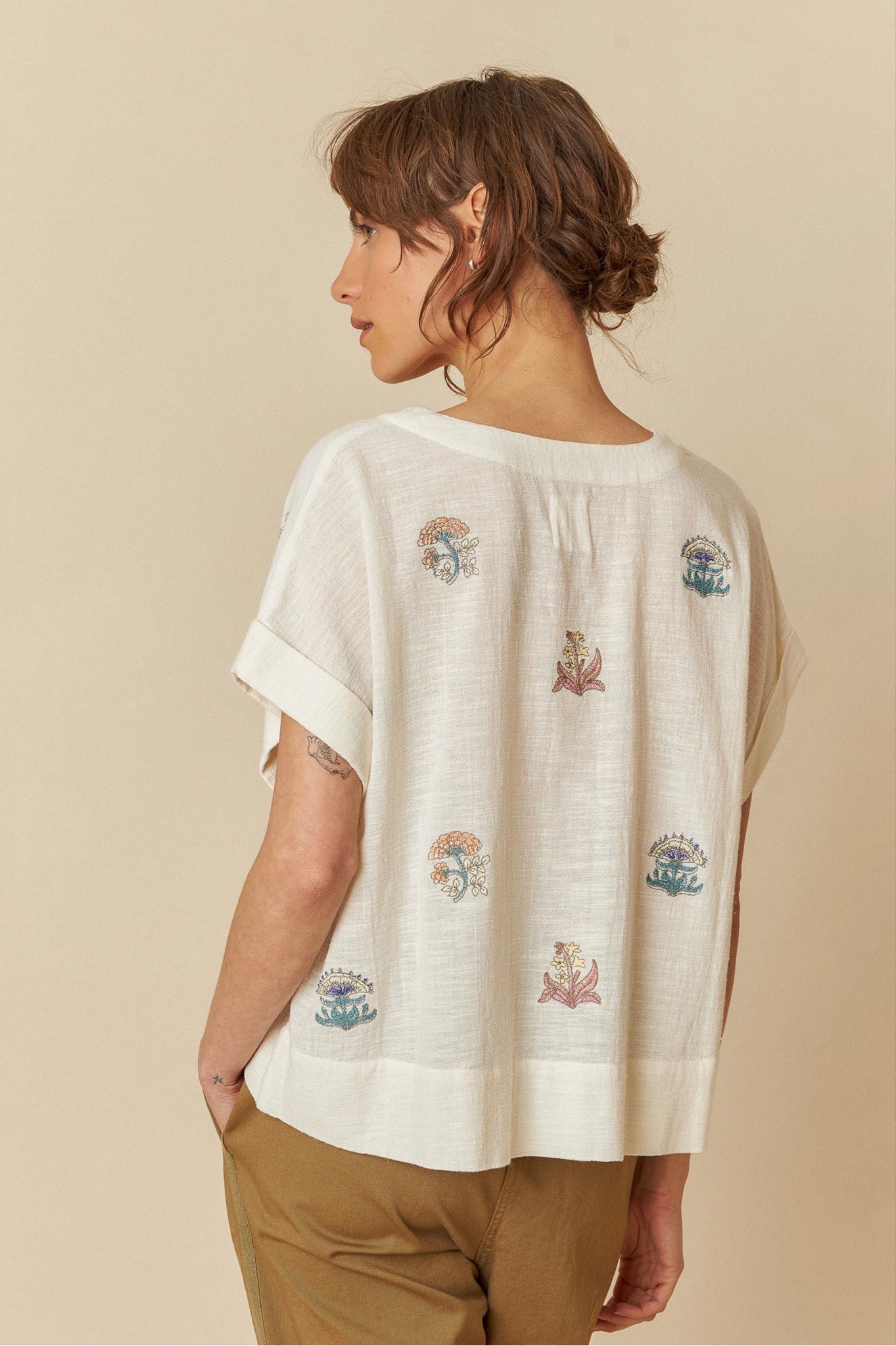 Indi and Cold Short Sleeve Embroidered Shirt in Crudo