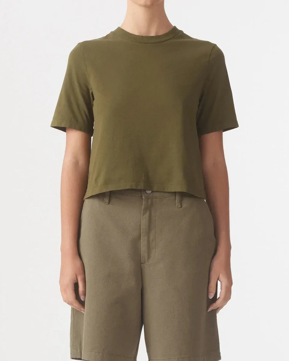 Nobody Denim Jean Tee in olive worn with matching olive trousers