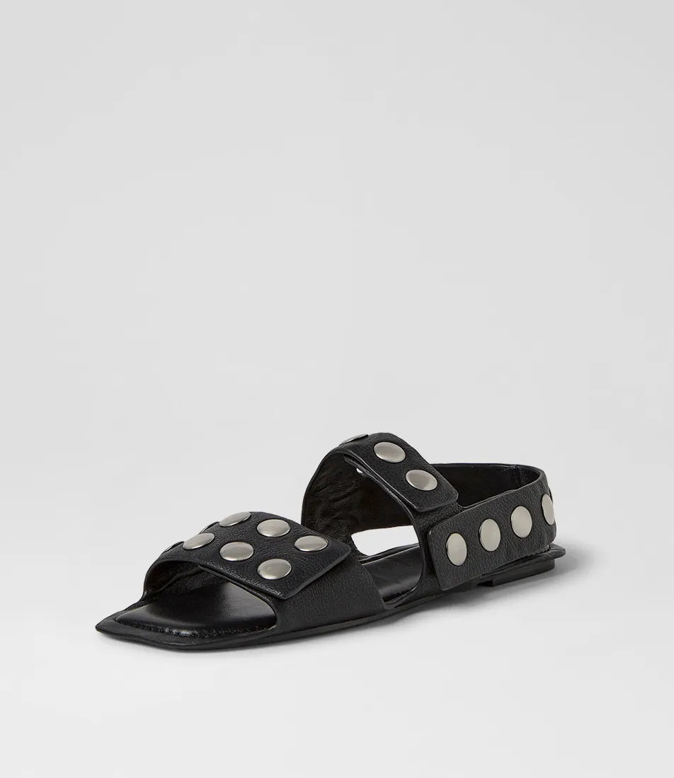 Mollini Molivia black leather sandals featuring silver stud detailing