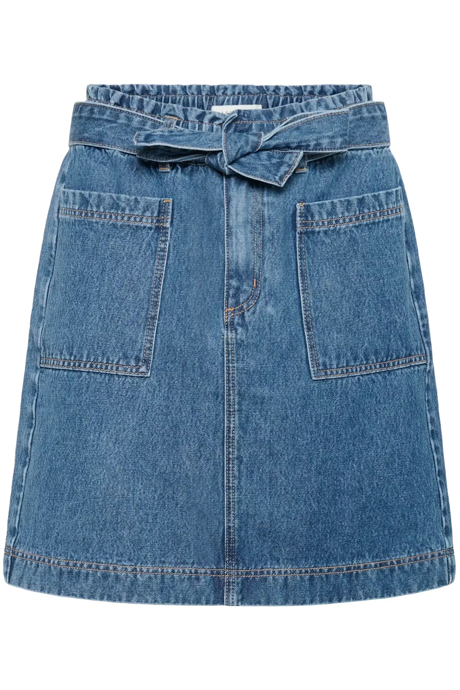 Blue denim mini skirt with tie waist and front pockets, women's fashion