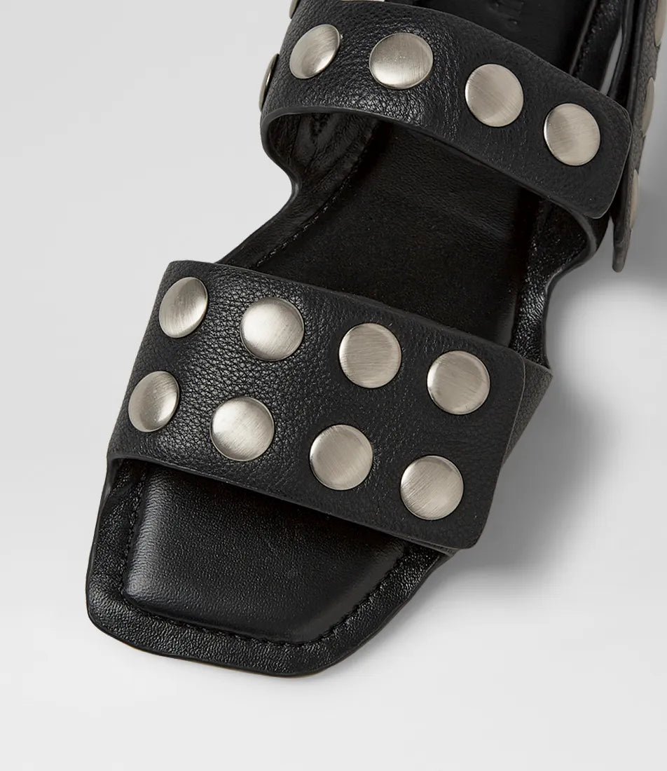 Close-up of Mollini Molivia black leather sandals with silver stud detailing