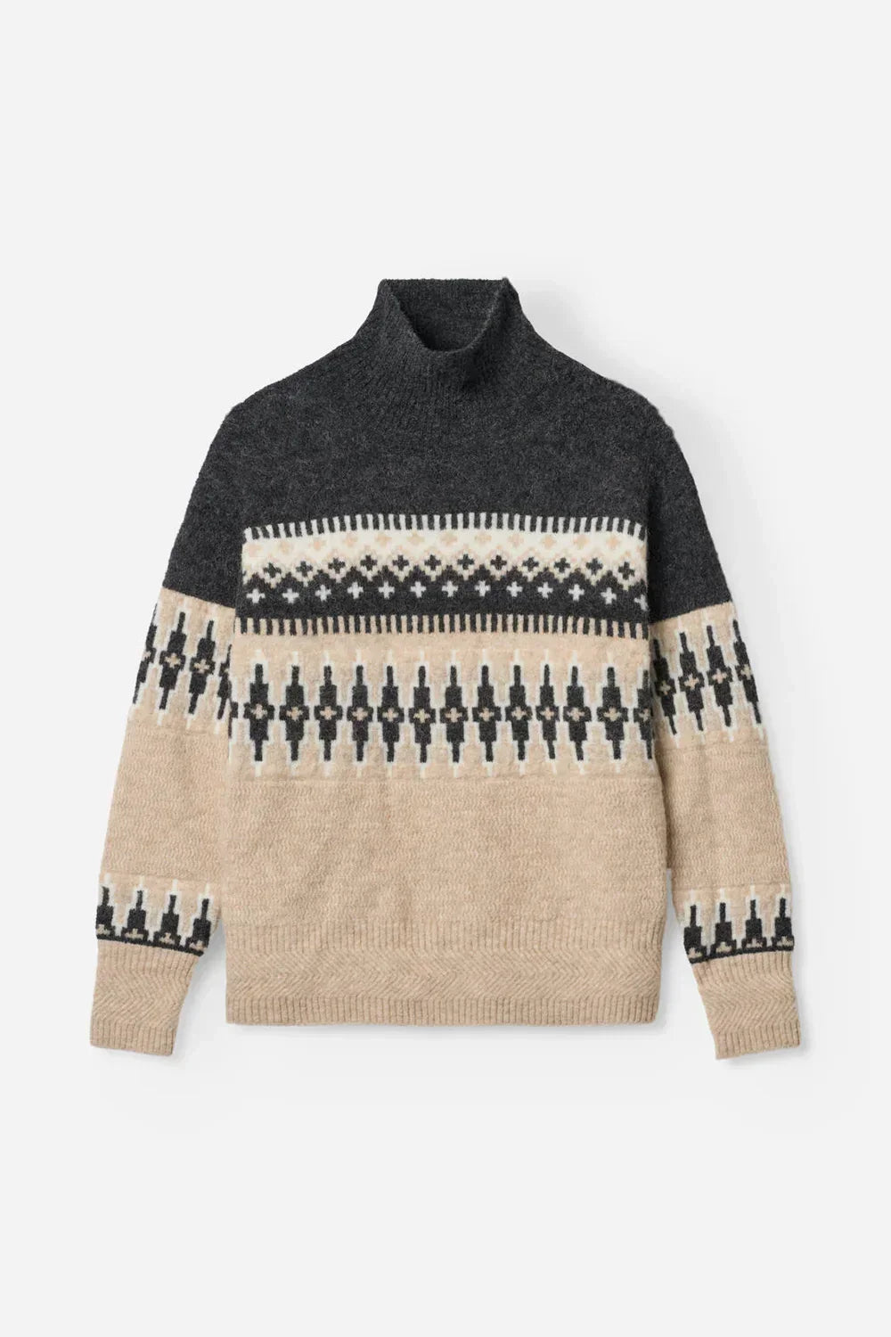 Women's beige and charcoal Fair Isle knit turtleneck sweater with geometric pattern