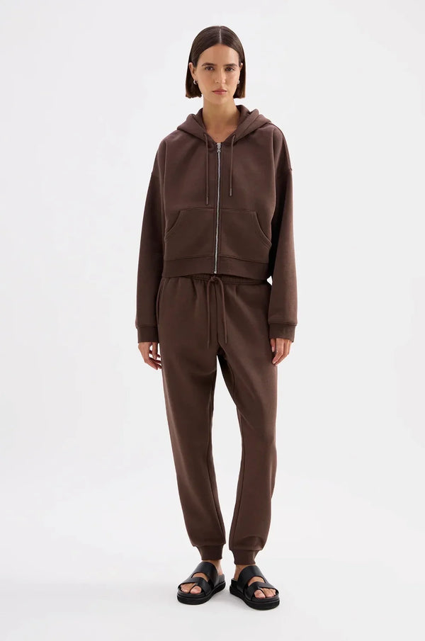 Brown zip-up hoodie and jogger set with black sandals, women's casual fashion