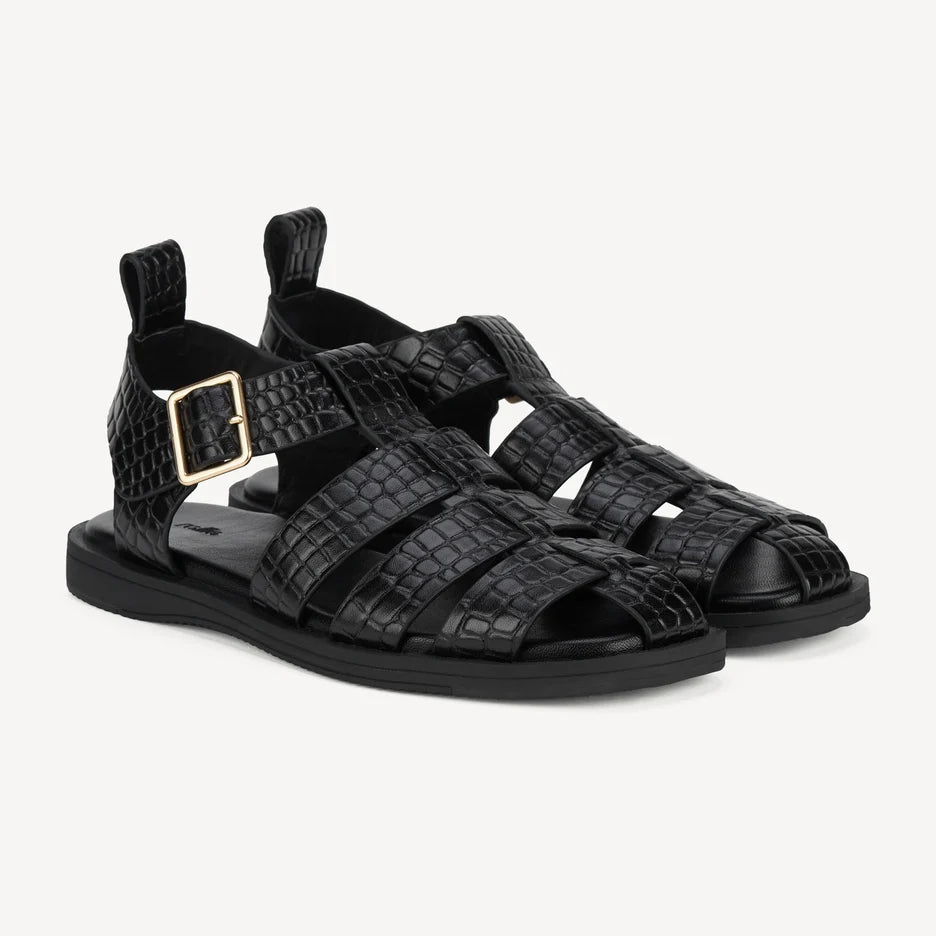 Rollie Fisherman Sandal in Black Embossed Leather