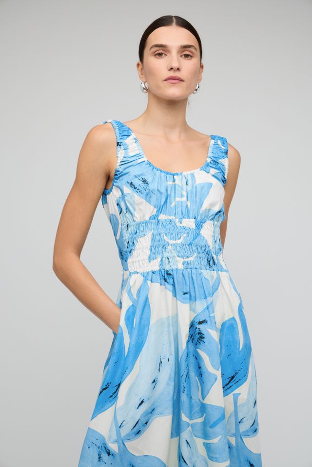 Staple the Label Leilani Shirred Midi Dress Blue Leaf Print