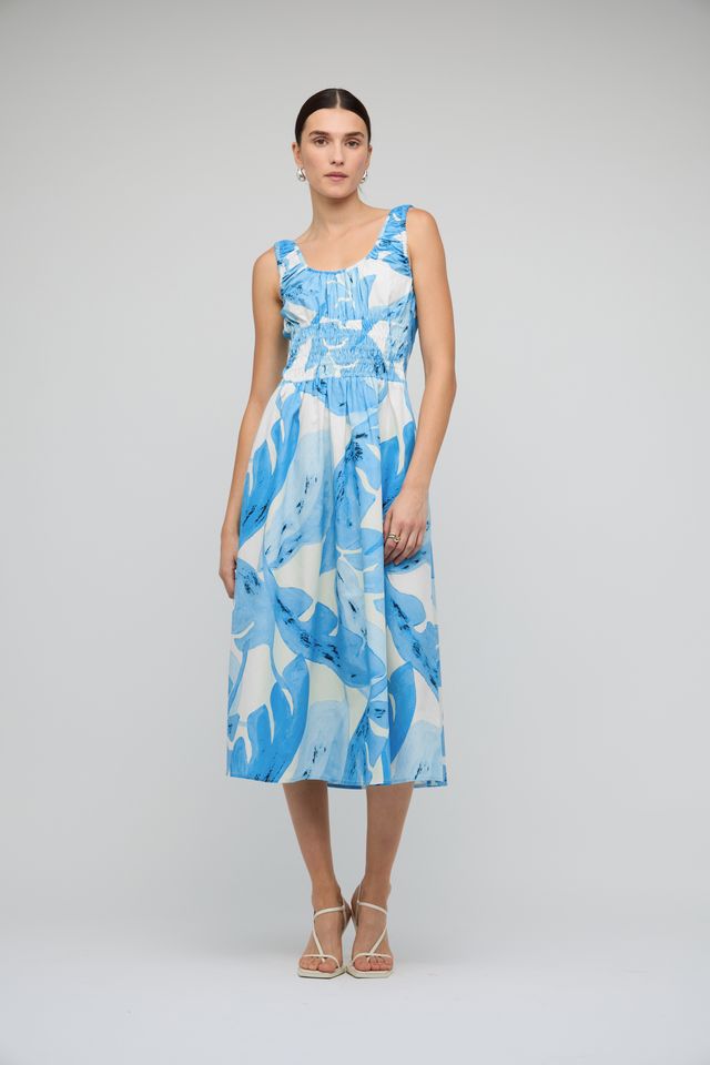 Staple the Label Leilani Shirred Midi Dress Blue Leaf Print