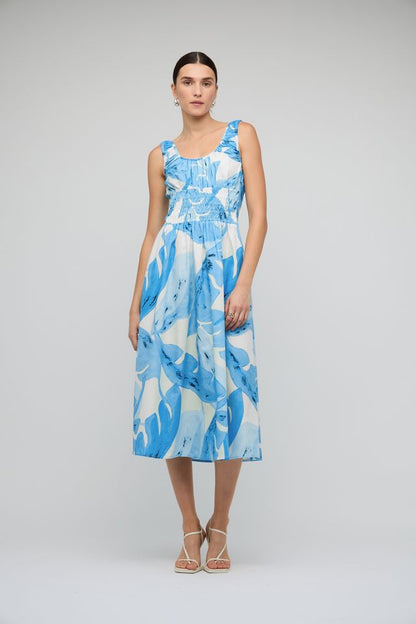 Staple the Label Leilani Shirred Midi Dress Blue Leaf Print