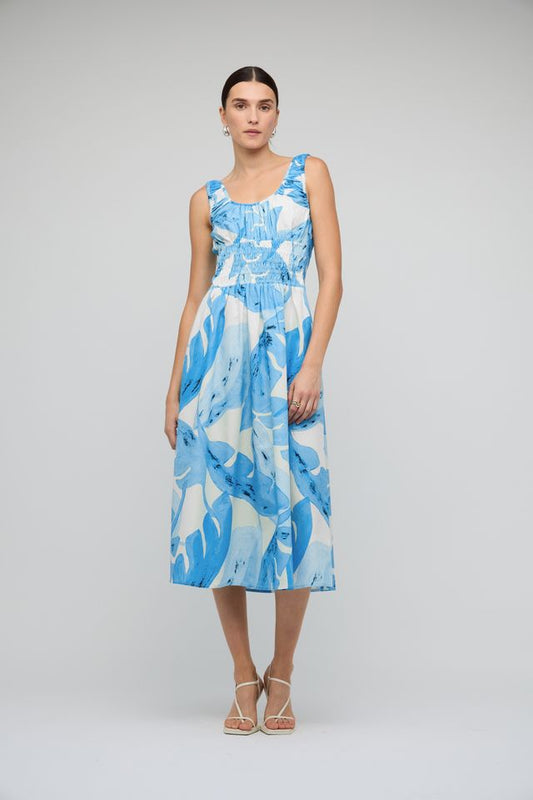 Staple the Label Leilani Shirred Midi Dress Blue Leaf Print