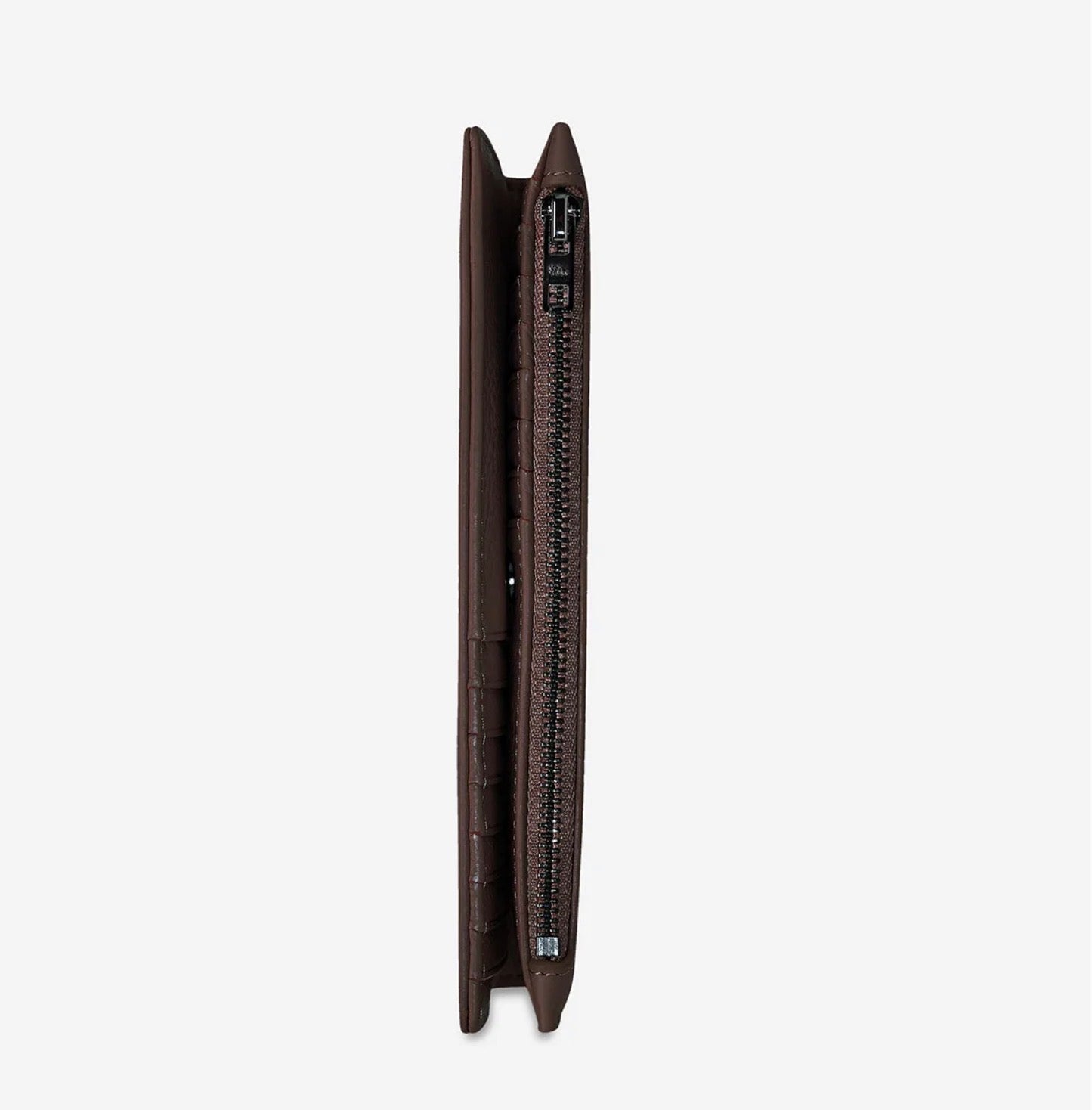 Brown textured zip-around wallet with secure closure, ideal for everyday carry and fashion-forward style.
