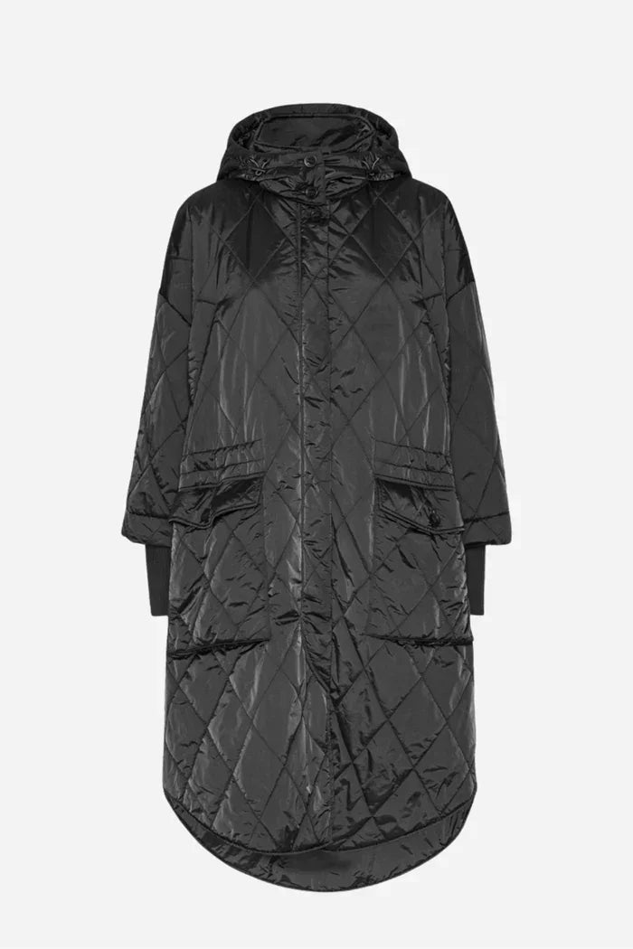 Black quilted hooded women's coat with large front pockets and diamond stitching